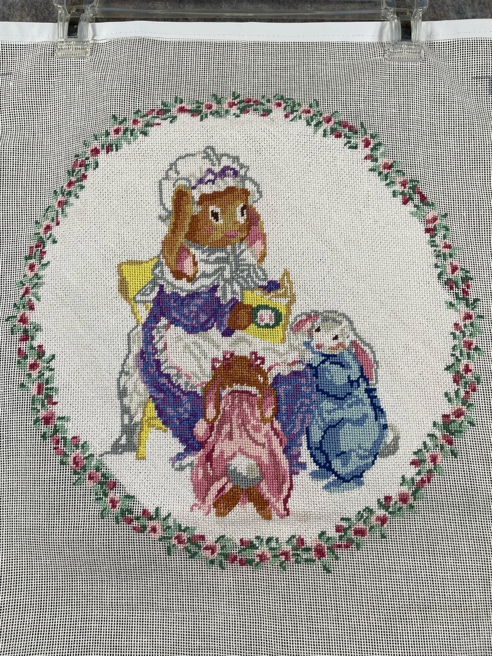 Completed Unframed Mother Rabbit/Bunnies inside Floral Wreath Cross Stitch